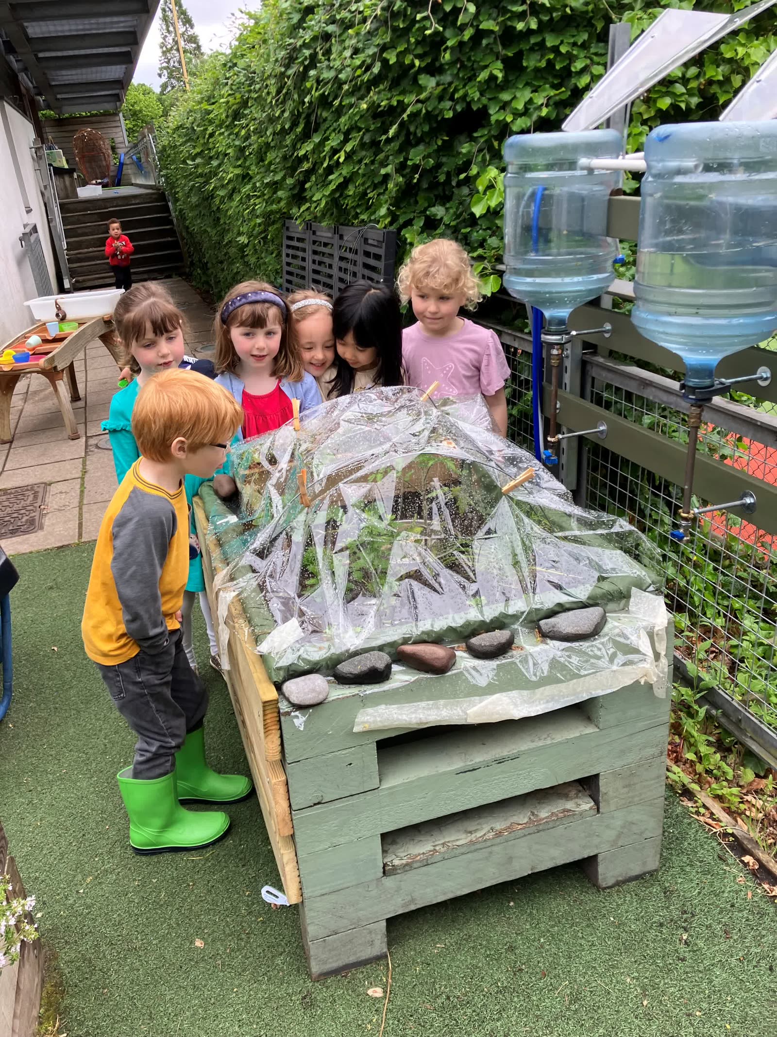 Children looking at seedlings protected under cover in the Pocket Picnic Garden